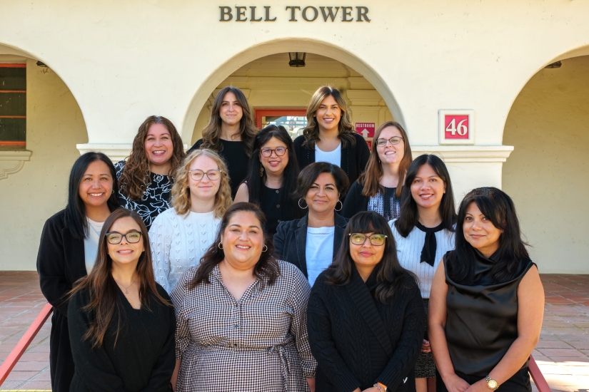 Picture of Academic Advising team standing in front of the Bell Tower at CSU Channel Islands