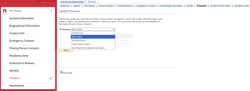 Image of Pronouns Screen in Student Dashboard