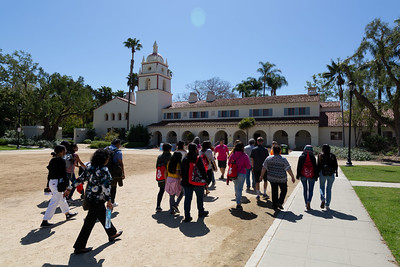 Students walking towards the Bell Tower